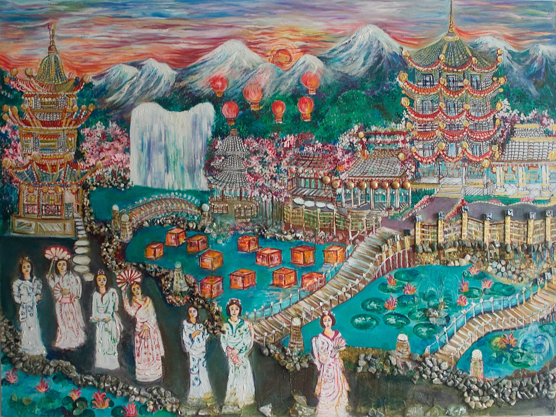 Imagined architectural landscape of pagodas, bridges, gardens, and mountains.