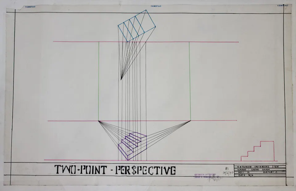 Technical two-point perspective construction with colored guide lines and a small stepped geometric form.