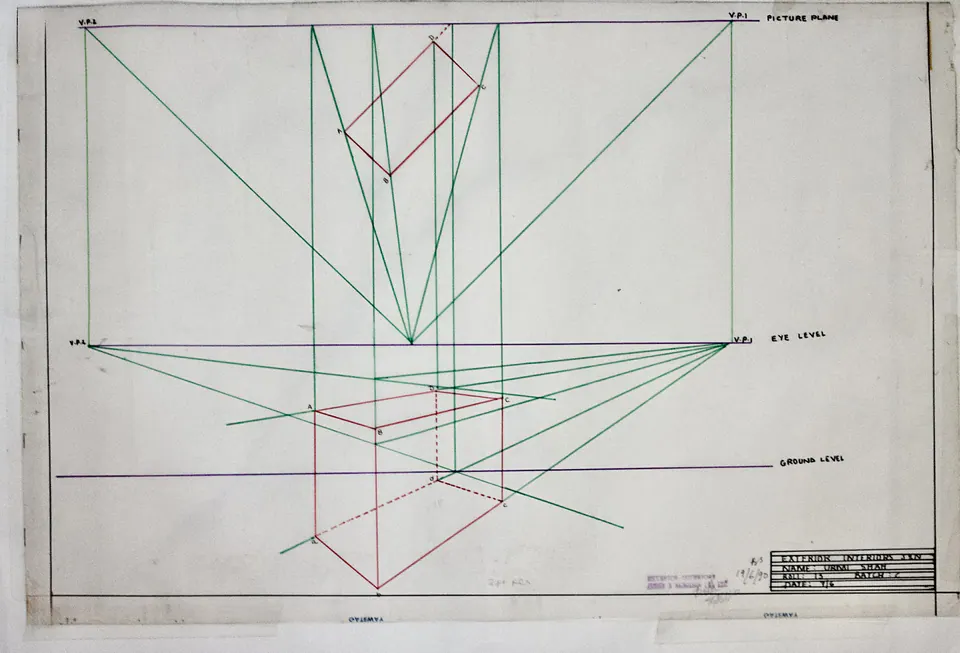 Perspective projection exercise with green guide lines, two vanishing points, and a red rectangular volume.