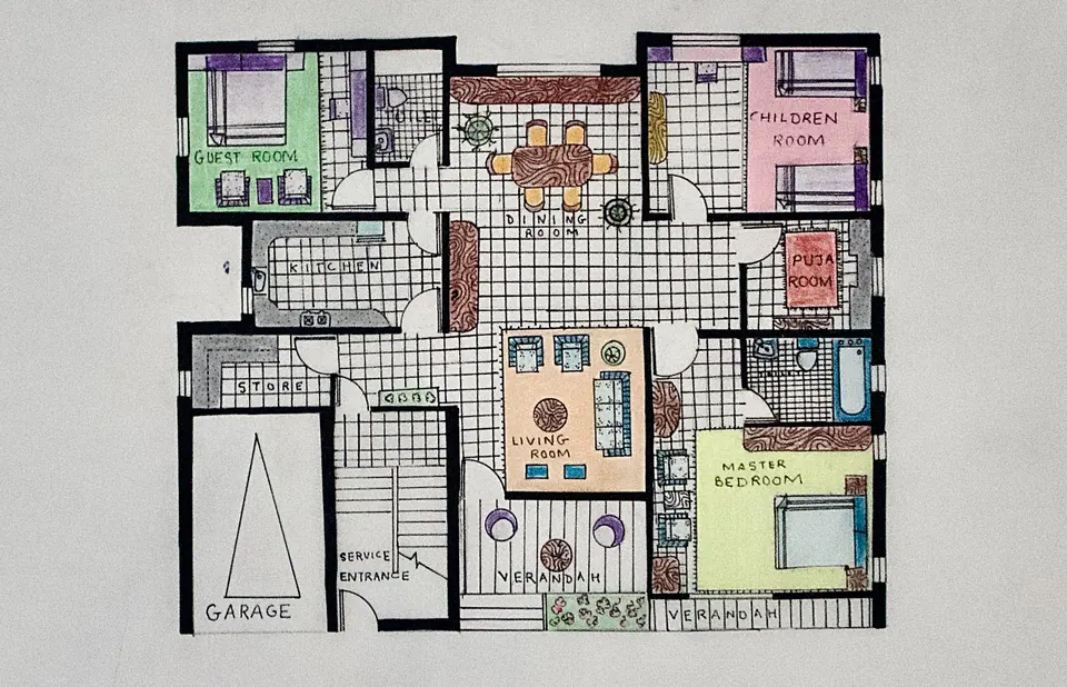 Colored house plan showing living and dining rooms, kitchen, bedrooms, puja room, verandah, and garage.