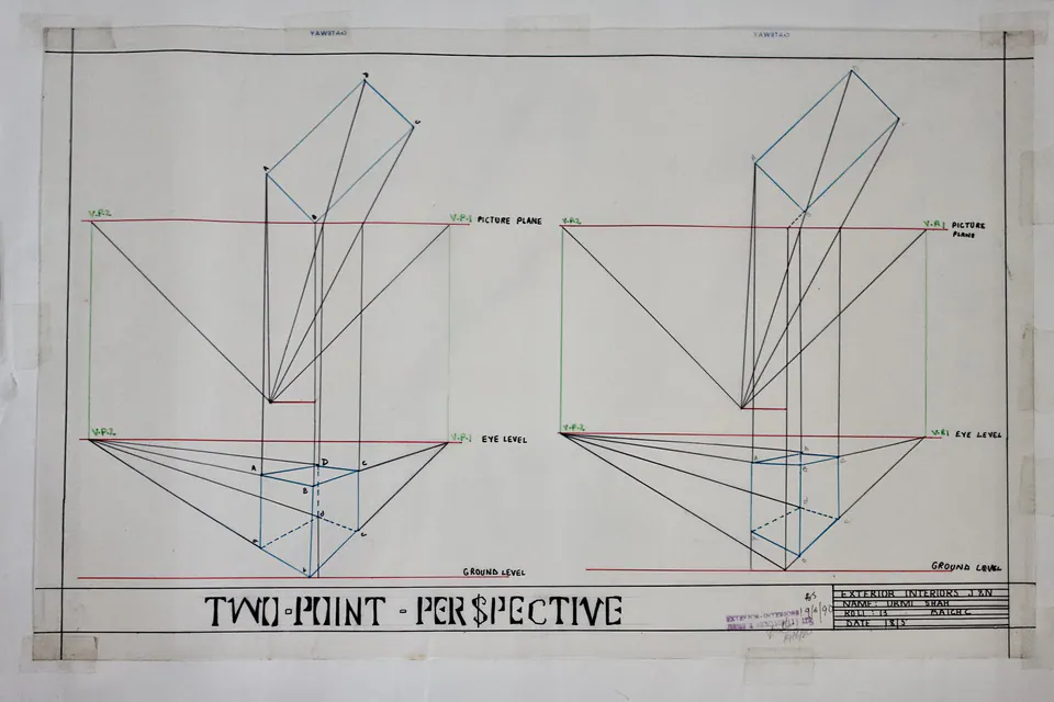 Side-by-side perspective construction diagrams of rectangular boxes using colored vanishing and projection lines.