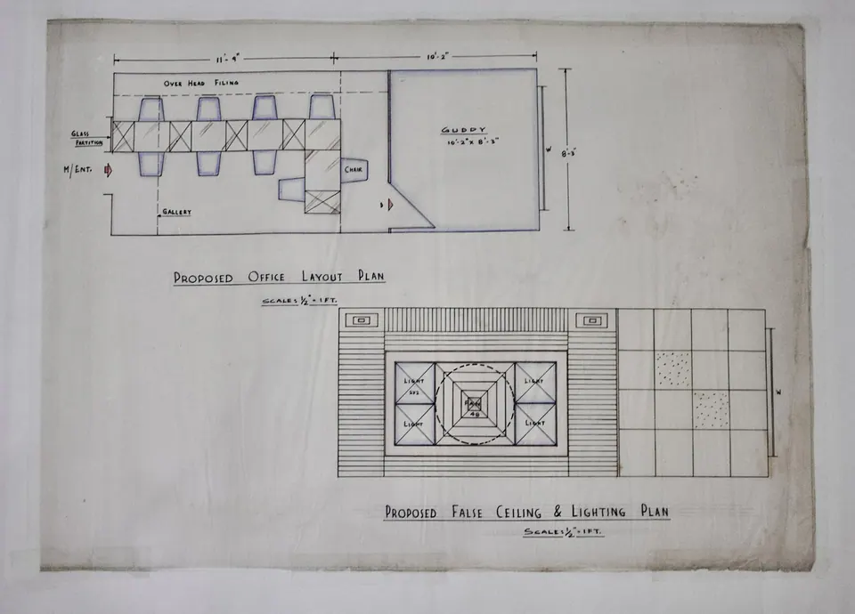 Presentation sheet containing a dimensioned office furniture layout and proposed false-ceiling and lighting plan.