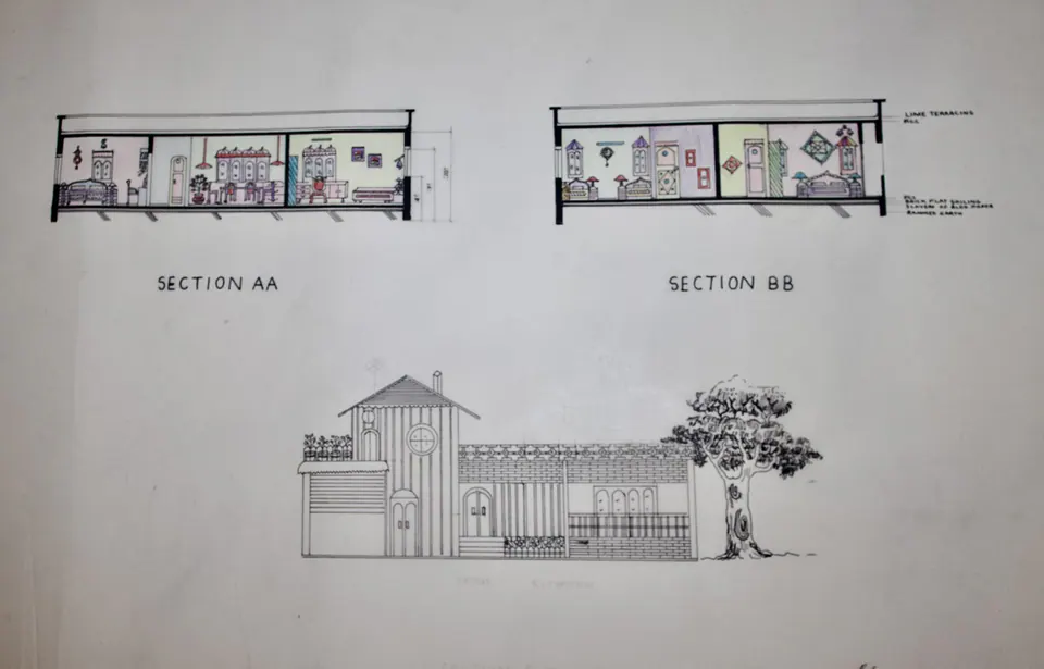 Two colored residential section drawings above a front elevation with roof, balcony, garage, and tree.