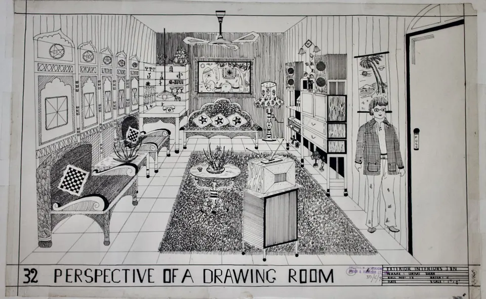 Detailed drawing room perspective with sofas, display cabinets, artwork, lamps, rug, tables, and a standing figure.
