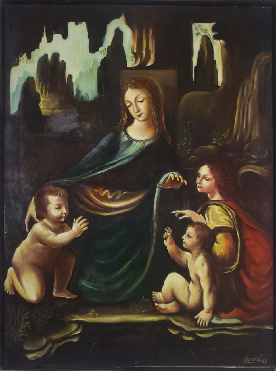 The Gathering — Madonna in deep green surrounded by children and an attendant.