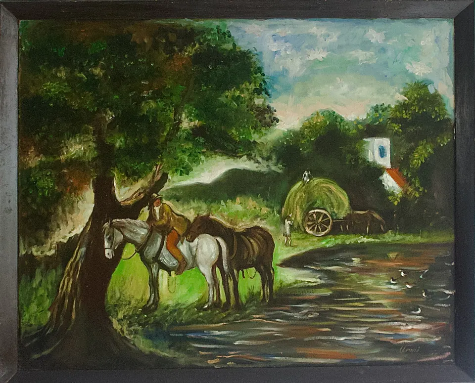 Rural landscape with a rider and horses near a pond, covered cart, trees, and a white cottage.