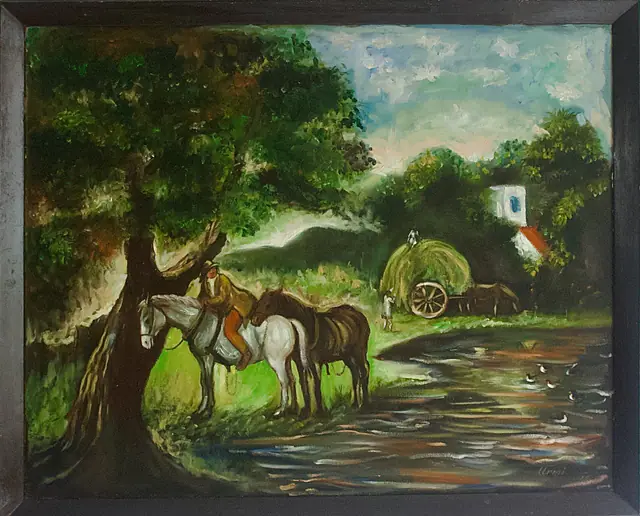 The Road Beside the Pond — a rural landscape with horses, water, and a white cottage.