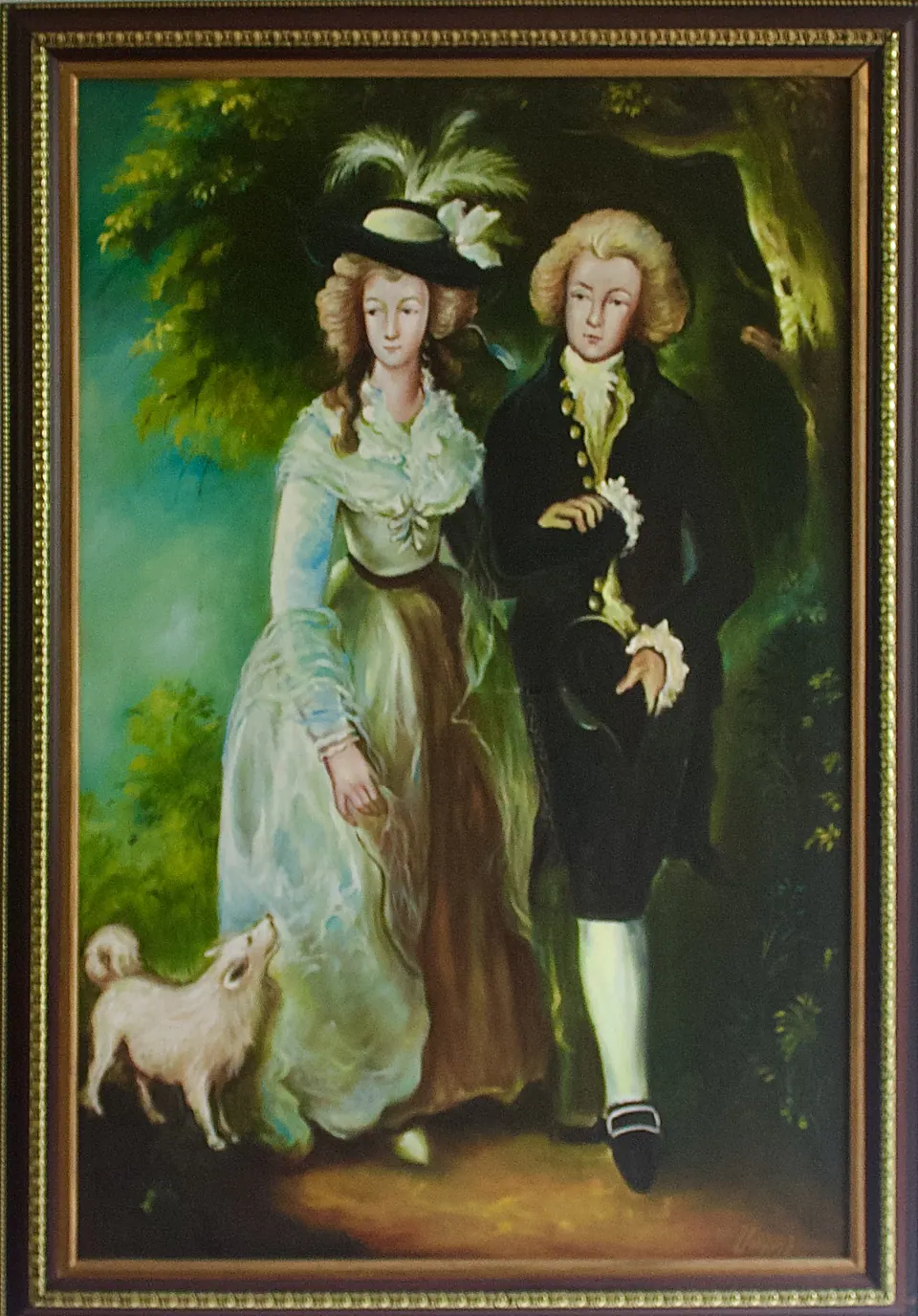 European couple in historical dress walking beneath trees with a small pale dog.