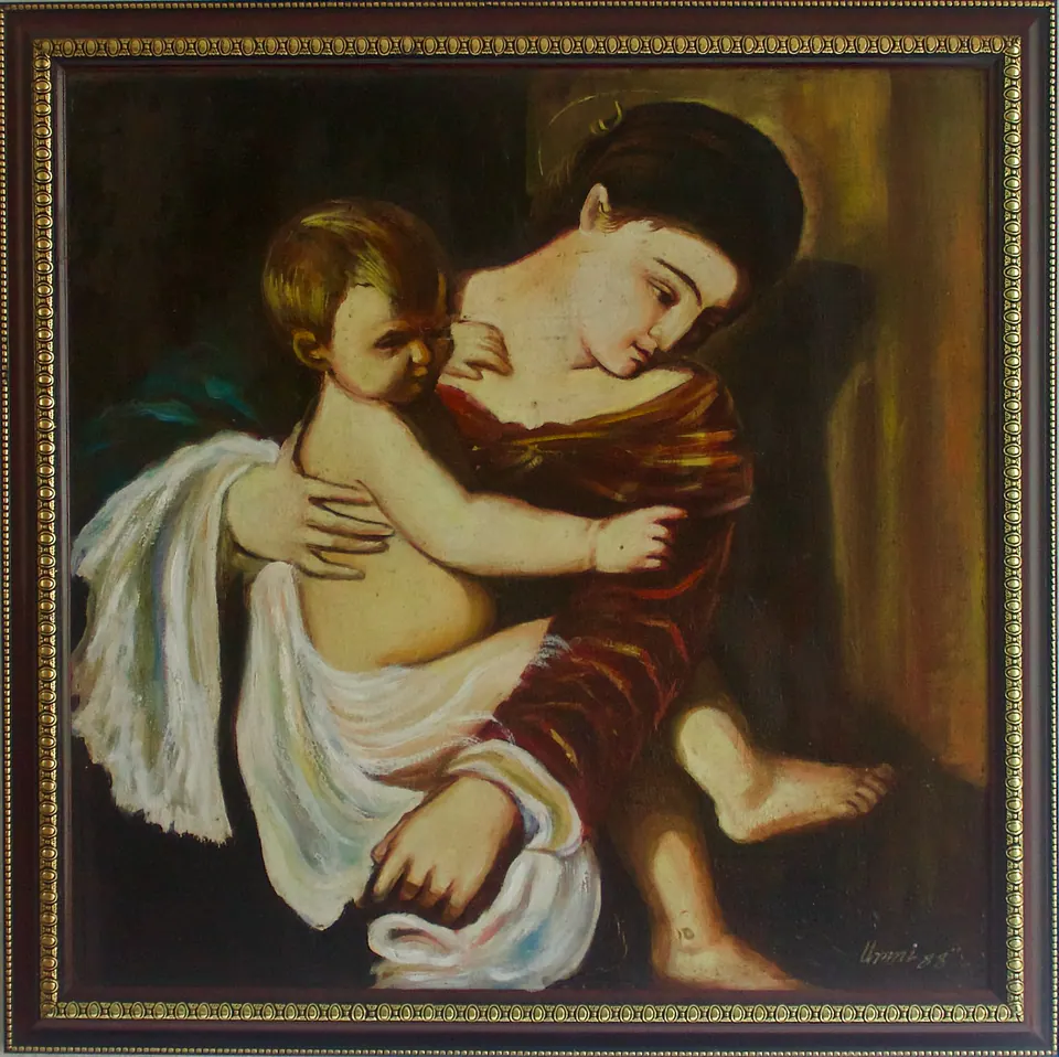 Seated mother holding a young child close in a dim brown and gold interior.