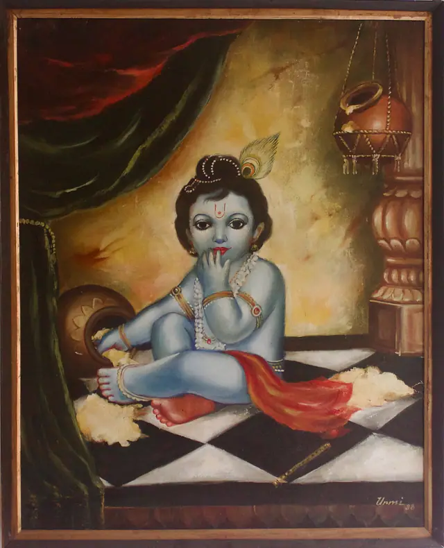 The Butter Thief — baby Krishna with a peacock feather and spilled butter.