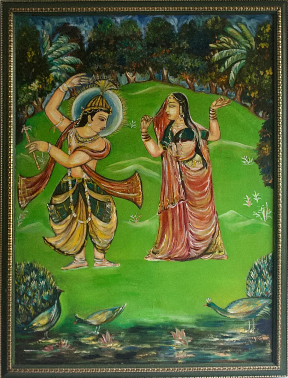 Krishna and Radha dancing in a vivid green garden with three peacocks beside a lotus pond.