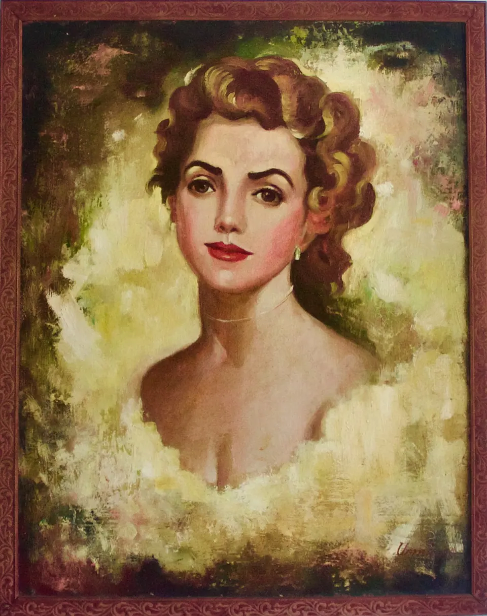 Portrait of a woman with curled brown hair and red lips against an abstract cream and olive background.