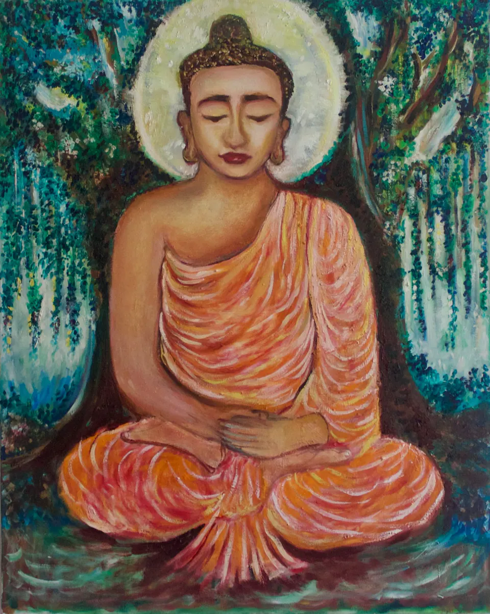 Buddha seated in meditation wearing flowing orange robes, surrounded by trees and a pale halo.