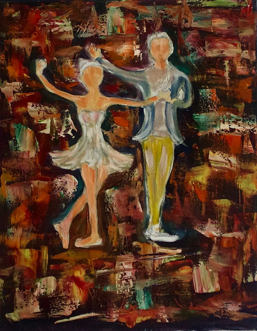 Simplified dancing couple in pale clothing against an abstract rust, brown, cream, and teal ground.