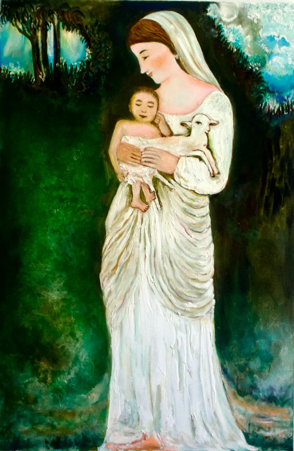Woman in a long white dress cradling a sleeping child and small white lamb in a dark green landscape.