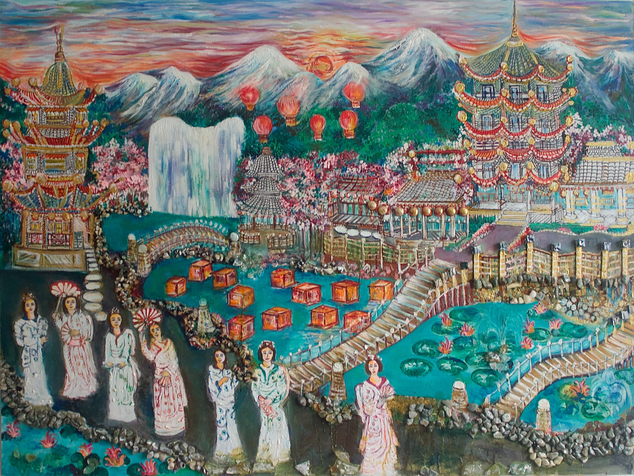 Imagined architectural landscape of pagodas, bridges, gardens, and mountains.