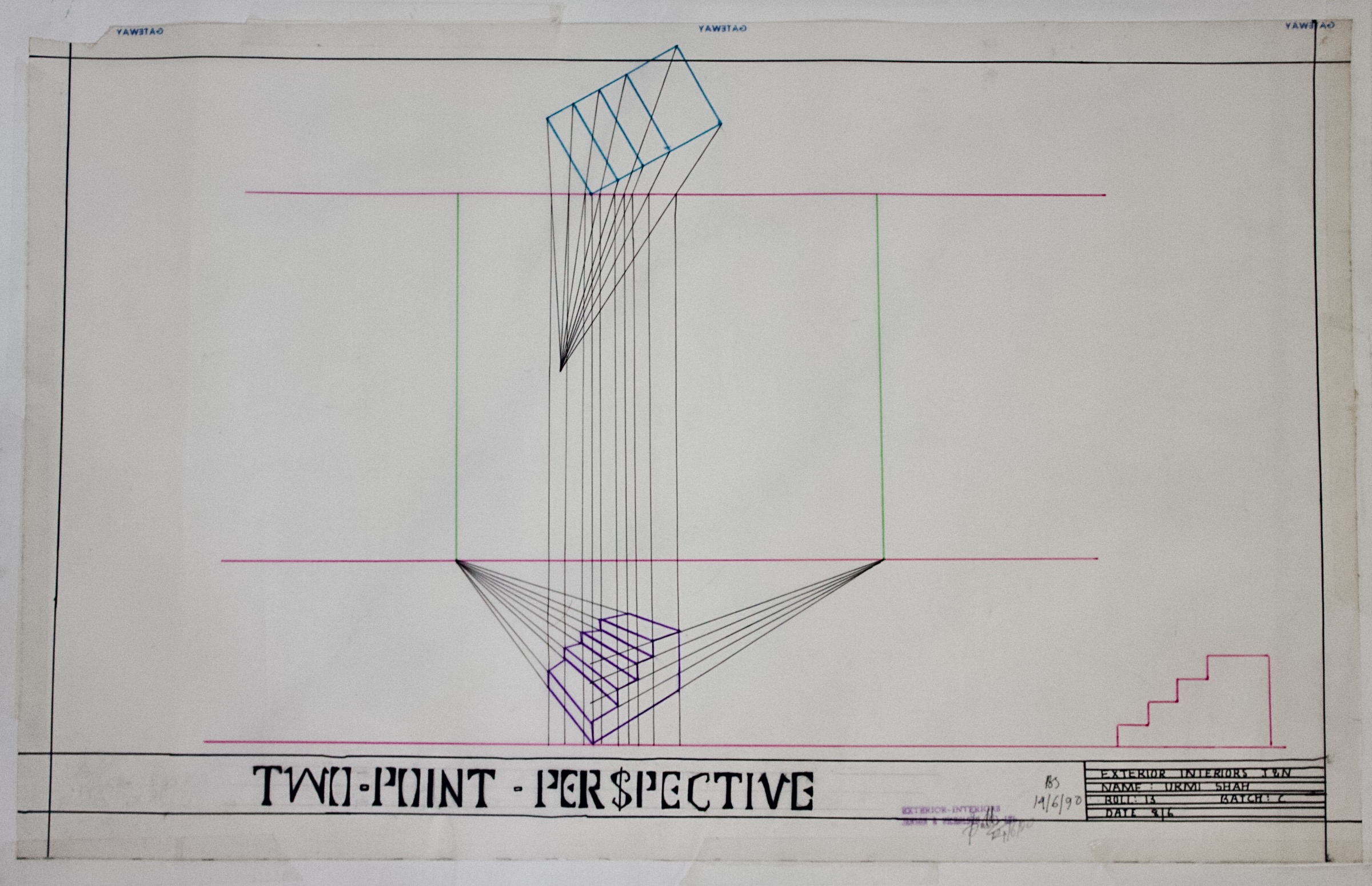 Technical two-point perspective construction with colored guide lines and a small stepped geometric form.