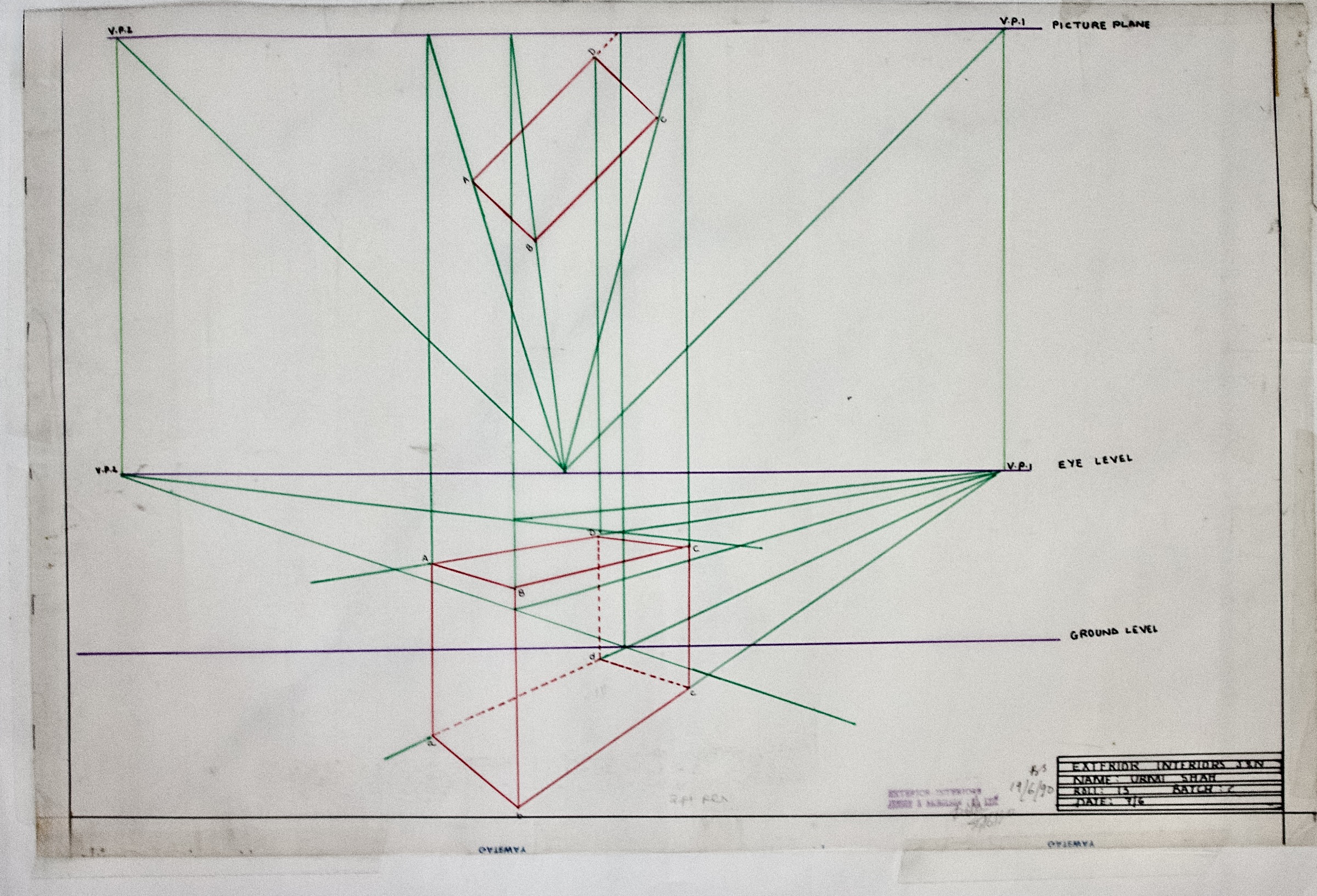 Perspective projection exercise with green guide lines, two vanishing points, and a red rectangular volume.