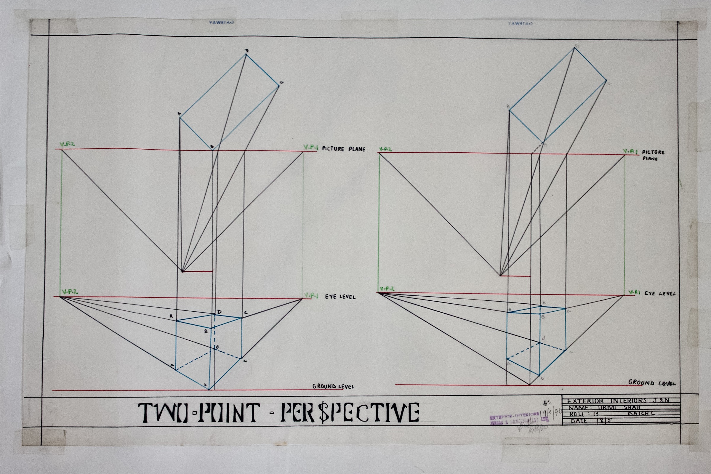 Side-by-side perspective construction diagrams of rectangular boxes using colored vanishing and projection lines.