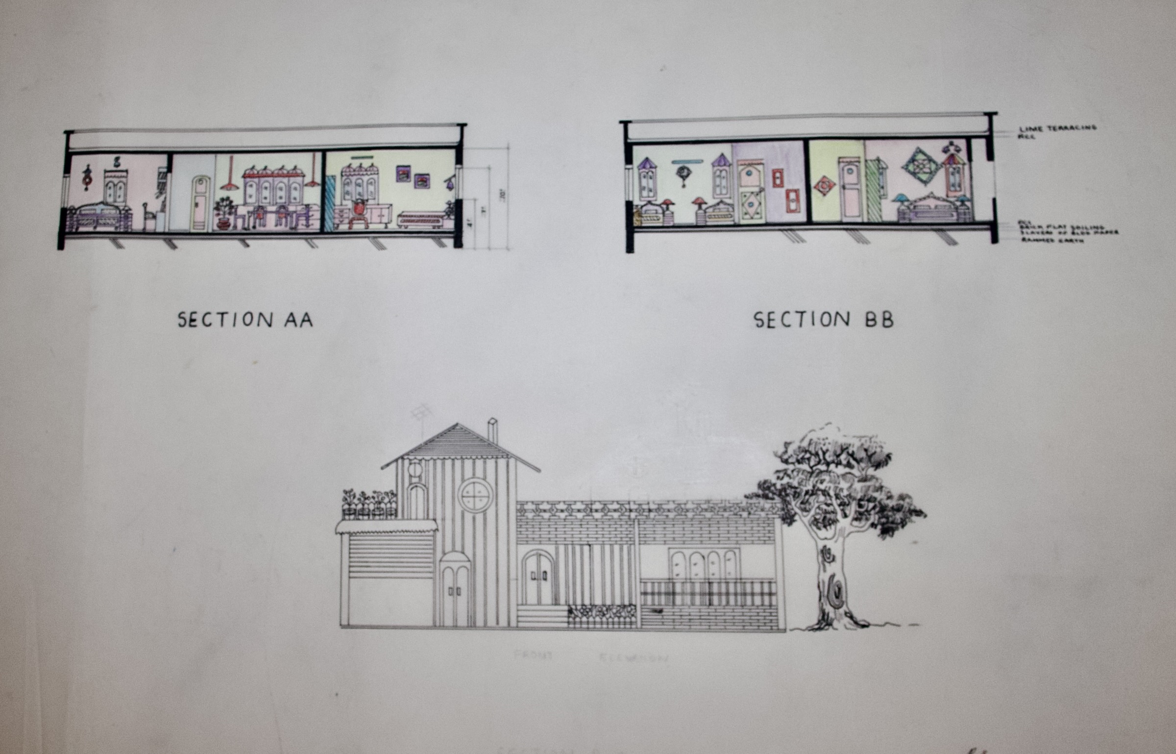 Two colored residential section drawings above a front elevation with roof, balcony, garage, and tree.