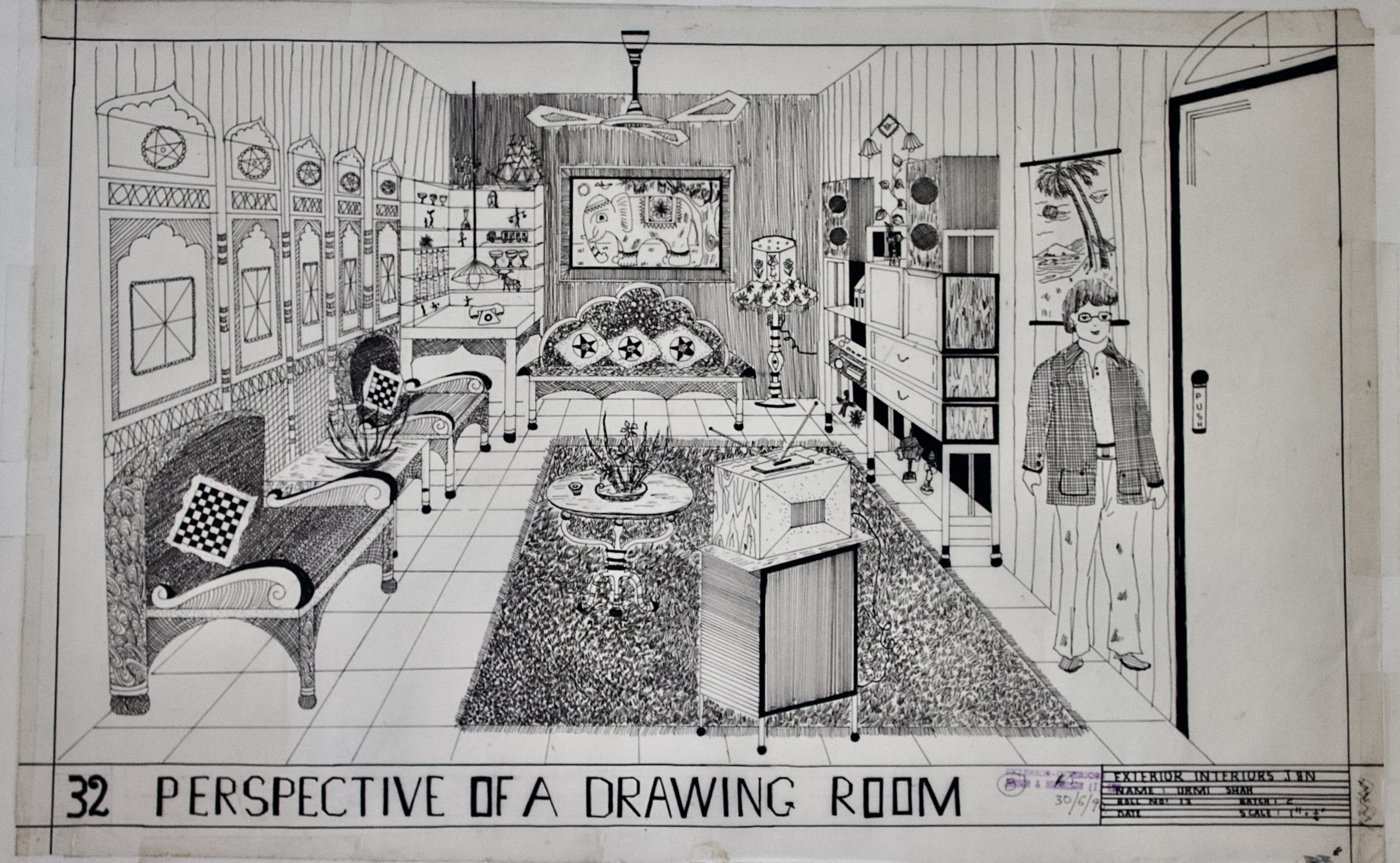 Detailed drawing room perspective with sofas, display cabinets, artwork, lamps, rug, tables, and a standing figure.