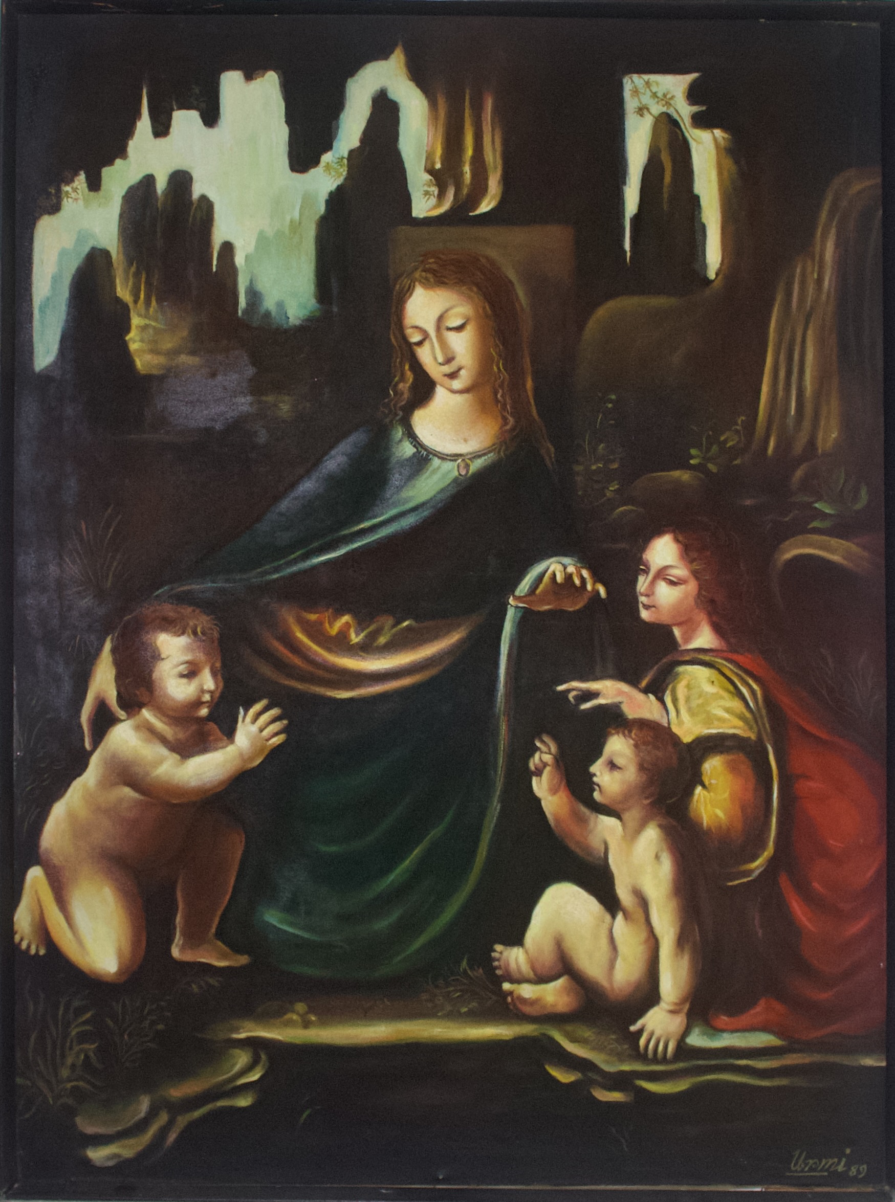 The Gathering — Madonna in deep green surrounded by children and an attendant.
