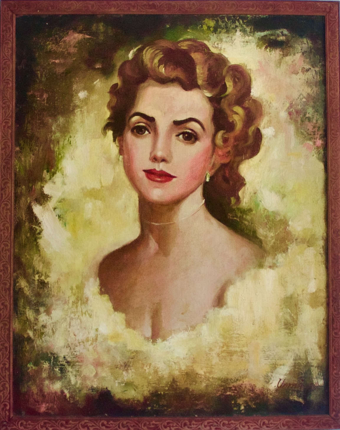 Portrait of a woman with curled brown hair and red lips against an abstract cream and olive background.