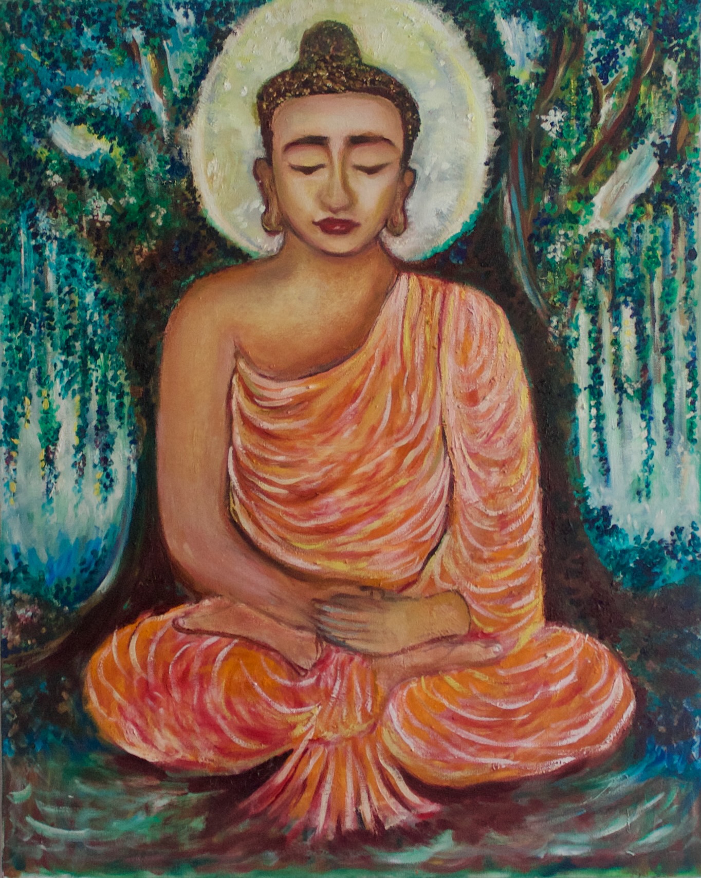 Buddha seated in meditation wearing flowing orange robes, surrounded by trees and a pale halo.